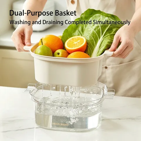 Double Layer Kitchen Drain Basket Vegetable Fruit Washing Basin Thickened Plastic Colander Set With Handles For Home Storage