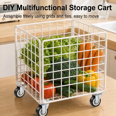 DIY Iron Grid Storage Basket Rolling Cart With Wheels Multipurpose Wire Storage Bin For Kitchen Bedroom Bathroom Home Organization Metal Basket