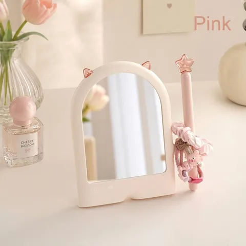 Miroir de Maquillage de Bureau Coréen Ins Oreille de Chat Rose Jaune Violet Cadre ABS Miroir en Verre HD pour Chambre Dortoir Bureau Décoration Étudiant Miroir de Courtoisie Portable