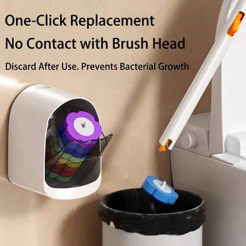 Wall-Mounted Disposable Toilet Brush Set Long Handle Bathroom Cleaning Wand With Self-Contained Fluid Refill Heads HIPS Plastic