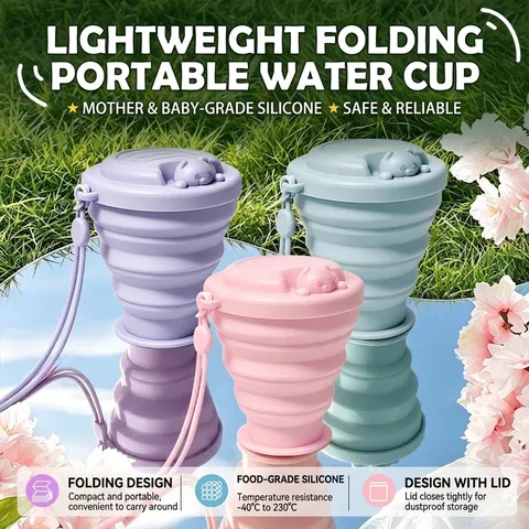 Portable Silicone Folding Water Cup Cartoon Expandable Travel Mug With Lanyard Leakproof Outdoor Rinsing Cup For Travel