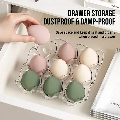 Porta Spugna Trucco a 9 Griglie in PET Organizzatore Diviso per Spugnette Cosmetiche Vassoio Espositore per Scrivania e Cassetti