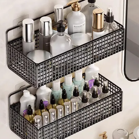 Scaffale da Parete Bagno Senza Foro Cesto Portaoggetti in Ferro Griglia Organizzatore per Lavabo per Cosmetici Articoli da Toeletta Casa