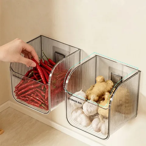 Wall Mounted Kitchen Storage Box For Ginger Garlic Onion Clear Striped PET Organization Bin Bathroom Toilet Spice Storage Rack Space Saving Basket