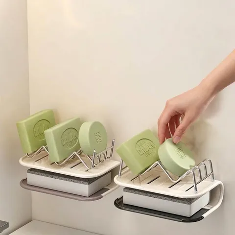 Portasapone a Doppio Strato Montaggio a Parete Drenante per Bagno Cucina Colore Crema Metallo Plastica Scaffale Portaoggetti