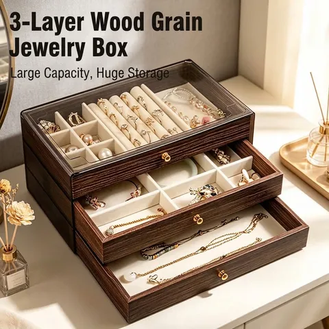 Vintage 3 Layer Walnut Wood Grain Jewelry Box Large Capacity Storage Organizer With Transparent Lid Gold Handles For Women