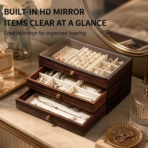 Vintage 3 Layer Walnut Wood Grain Jewelry Box Large Capacity Storage Organizer With Transparent Lid Gold Handles For Women