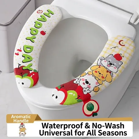 Cute Cartoon Waterproof PU Leather Toilet Seat Cover 2 Piece Set With Aromatherapy Handle Washable Reusable Toilet Mat Pad
