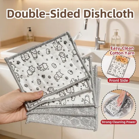 Double Sided Thickened Dishcloth Kitchen Cleaning Cloth Absorbent Non Shedding Steel Wire Scouring Pad Cartoon Cat Pattern Dish Towel