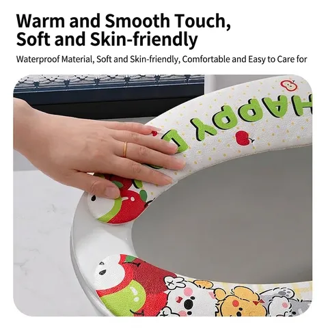 Cute Cartoon Waterproof PU Leather Toilet Seat Cover 2 Piece Set With Aromatherapy Handle Washable Reusable Toilet Mat Pad