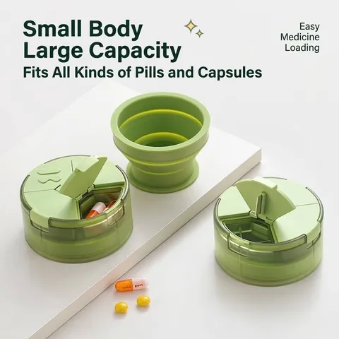 Portable 2-in-1 Pill Box With Collapsible Water Cup 4 Grids Pill Organizer Case Moisture-proof Travel Pill Container With Cutter