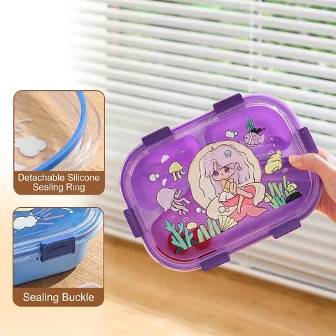 Fiambrera Bento de Acero Inoxidable 201 de Dibujos Animados con Tres Compartimentos Contenedor de Alimentos para Microondas con Cuchara Tenedor para Escuela Oficina