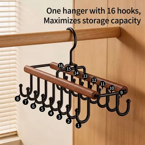 Double Row Rotating Hook Underwear Camisole Bag Storage Rack Space Saving Wood Metal Closet Organizer Accessory Hanger