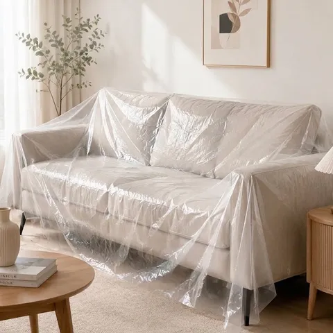 Película Protectora Antipolvo Desechable de Plástico para Muebles Renovación Cubierta con Cinta Adhesiva para Sofá Cama Armario Transparente
