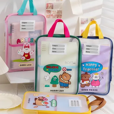 Large Capacity Cartoon Mesh A4 File Folder Bag Handheld Students Test Paper Organizer Bag With Classification Card Slot