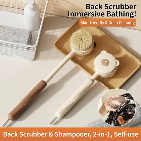 2-in-1 Long Handle Telescopic Shower Brush With Hair Massage Brush Bear Design Non-Slip Body Scrubber Back Exfoliating Brush