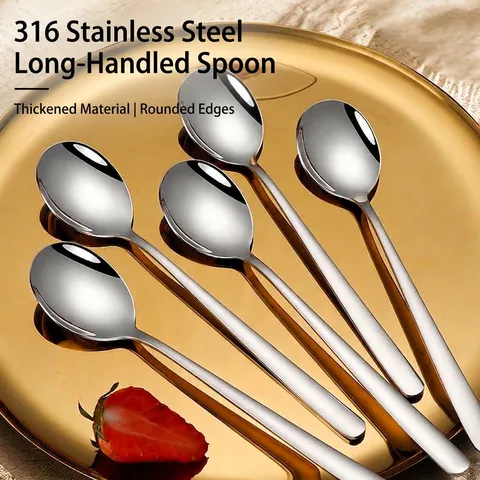 Long Handle 316L Stainless Steel Mirror Polished Round Soup Spoon Dessert Spoon Dinner Spoon For Home Kitchen Tableware