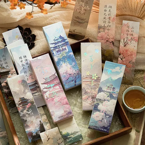 Chinese Style Landscape Poetry Paper Bookmark Set Vintage Ancient Architecture Scenic Reading Cards Stationery Gift For Students