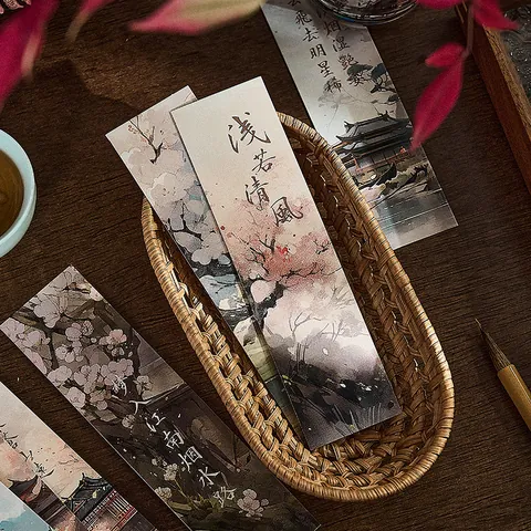 Chinese Style Landscape Poetry Paper Bookmark Set Vintage Ancient Architecture Scenic Reading Cards Stationery Gift For Students