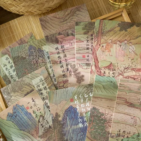 Traditionelle Chinesische Landschafts Tuschemalerei Kunst Postkarte In Der Box Grusskarten Mit Silber Heisspraegung Vintage Sammlerstueck Segen Karten