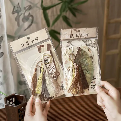 Traditional Chinese Style Calligraphy Fan Shape Blessing Card Package For Scrapbooking DIY Journal Hand Account Decoration Paper Material With Tassel