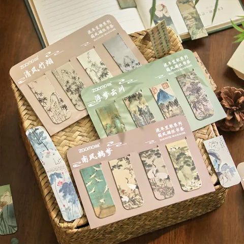 Retro Chinese Style Magnetic Bookmarks Set Vintage Landscape Calligraphy Art Page Clips For Reading Office Stationery Gift