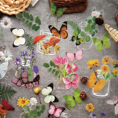 Vintage PET Transparante Stickers Botanische Bloem Vlinder Decoratieve Scrapbooking DIY Journal Stickers 35 Stuks