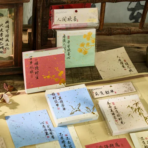 Zaomo Three Lives Fireworks Series Vintage Chinese Style Memo Pad Gold Foil Calligraphy Flower Crane Writing Paper Scrapbooking Material