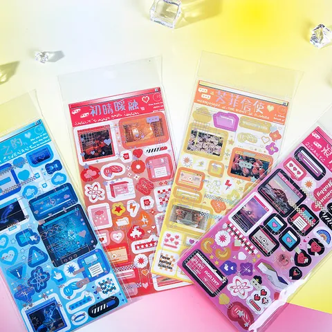 Pegatinas Decorativas de Papel Estucado Serie Ventana Emergente de Viaje Lindas Coreanas Con Estampado en Caliente de Plata Interfaz de Usuario de Computadora Retro Pegatinas de Papelería Diario DIY