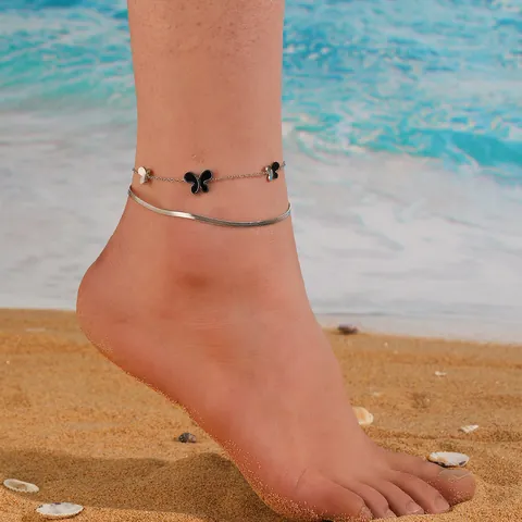 Women Stainless Steel Double Layer Butterfly Artificial Pearl Pendant Anklet Gold Silver Blade Snake Chain Anklet Beach Jewelry
