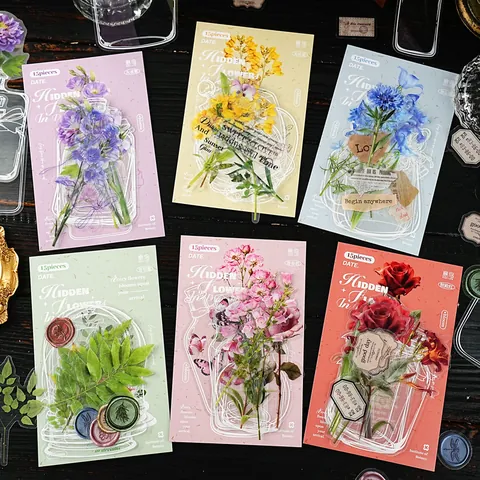Vintage Fles Bloemen PET Stickerpakket Waterdicht Transparante Bloem Decoratieve Stickers Voor Scrapbooking DIY Journaling