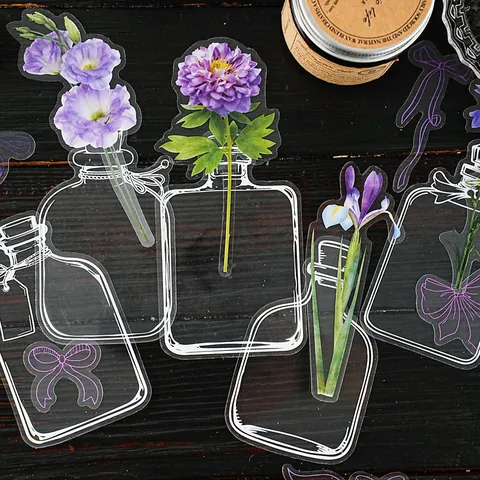 Vintage Fles Bloemen PET Stickerpakket Waterdicht Transparante Bloem Decoratieve Stickers Voor Scrapbooking DIY Journaling