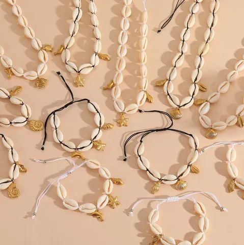 Boheems Natuurlijke Schelp Sieradenset Titaanstaal Zeester Zeepaardje Hanger Ketting Armband Enkelband Voor Vrouwen Zomer Strandvakantie Sieraden