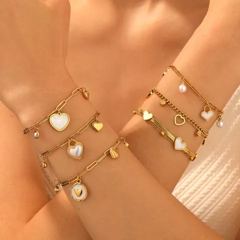 Titaniumstaal Hart Armband Voor Vrouwen Verguld Niet Vervagend Schelp Kunstparel Strass Zoete Luxe Sieraden Cadeau