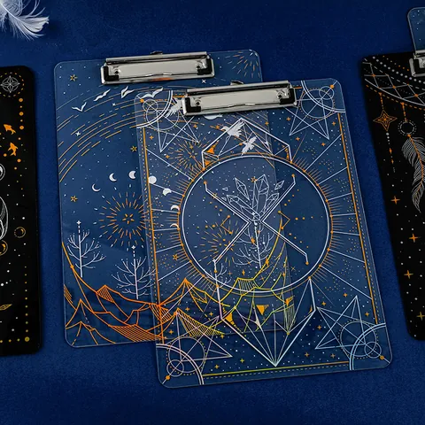 Dreamy Galaxy Laser Gold Stamping Acrylic Clipboard A4 High Transparency Writing Board File Folder With Metal Clip