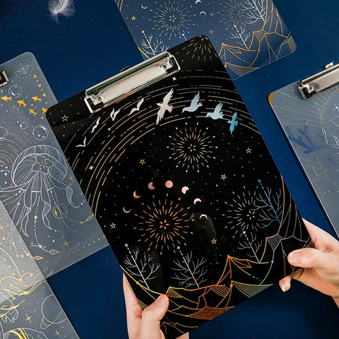 Dreamy Galaxy Laser Gold Stamping Acrylic Clipboard A4 High Transparency Writing Board File Folder With Metal Clip