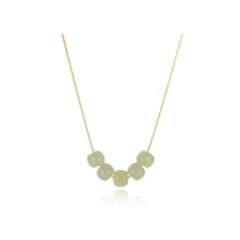 S925 Sterling Silver Gold Plated Box Chain Necklace With Nephrite Jade Round Beads Pendant Modern Chinese Style Retro Jewelry For Women