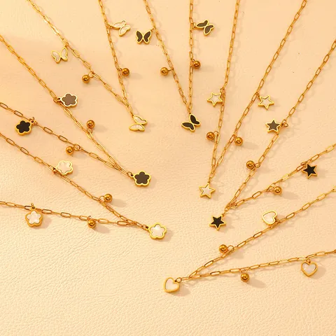 Elegante Titaniumstaal Vergulde Multi Hanger Halsketting Voor Vrouwen Zoete Mode Vlinder Bloem Hart Ster Kraal Halskettingen Sieraden Cadeau