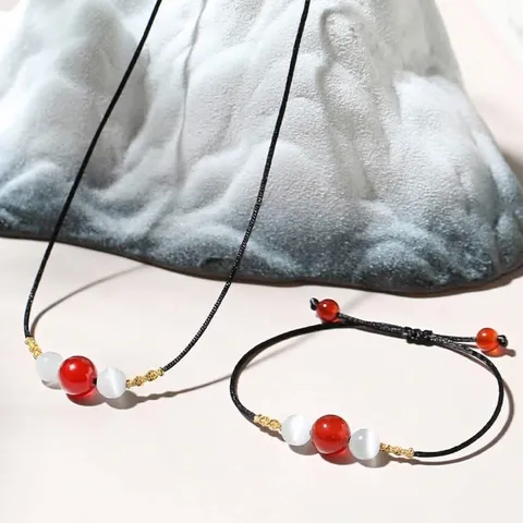 Handmade Braided Red Agate Bracelet Necklace Jewelry Set Vintage Chinese Style Artificial Pearl Beaded Cord Jewelry For Women Men