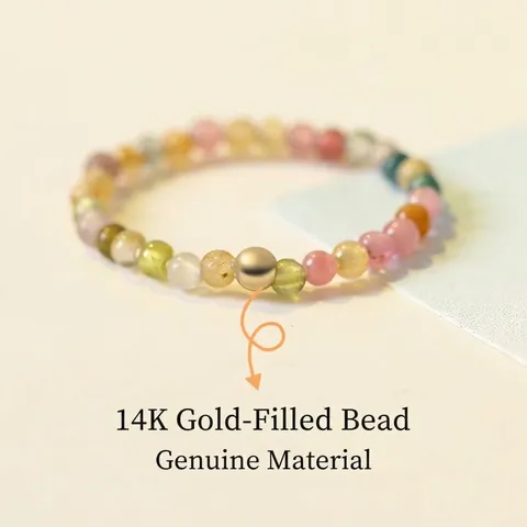 Anillo de Cuentas de Turmalina Arcoíris Minimalista para Mujer Lleno de Oro 14K Piedra Natural Anillo de Dedo Fino Joyería