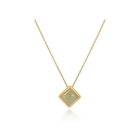 Minimalist S925 Sterling Silver Nephrite Jade Sugar Cube Pendant Necklace For Women Light Luxury Gold Plated Geometric Oriental Jewelry Gift