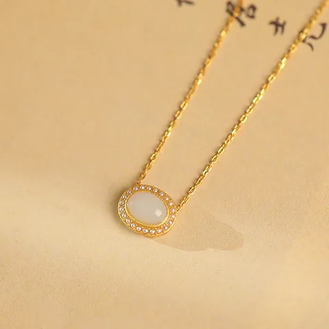 S925 Sterling Silver Gold Plated White Nephrite Jade Pendant Necklace For Women Retro Light Luxury Artificial Pearl Jewelry Neckchain Gift