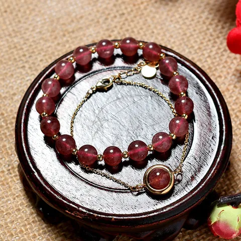 Double Layer Strawberry Quartz Bracelet For Women Real Gold Plated Copper Natural Stone Beaded Hand Chain Jewelry Set