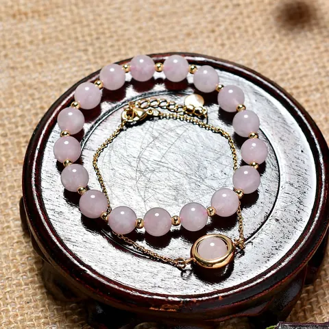 Double Layer Strawberry Quartz Bracelet For Women Real Gold Plated Copper Natural Stone Beaded Hand Chain Jewelry Set