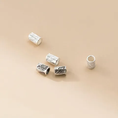 925 Sterling Silver Leaf Pattern Barrel Beads Distressed Thai Silver Short Tube Spacer Loose Beads DIY Jewelry Accessories