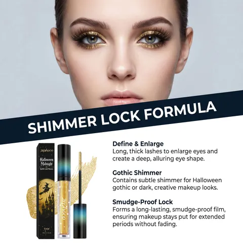 Zephoco Halloween Midnight Gold Sparkle Lash Mascara Long Lasting Waterproof Curling Thickening Eye Makeup For Party Women