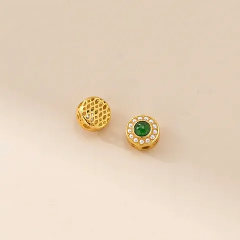 Perles d'Espacement Rondes en Argent Sterling 925 Plaqué Or Avec Strass Vert Et Perle Artificielle Pour Bijoux DIY