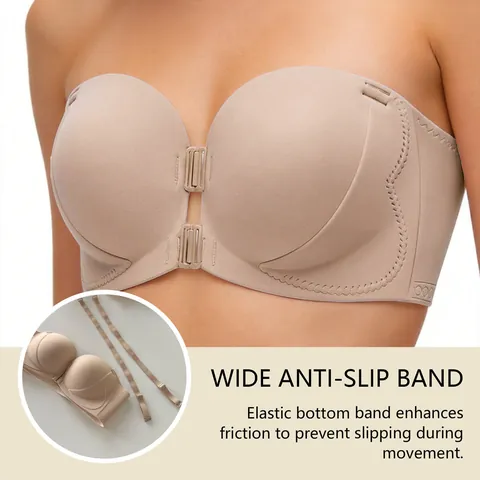 Women's Strapless Push Up Bra Front Clasp Wirefree Anti-Slip Bandeau Bra Seamless Comfort Underwear Daily Intimates