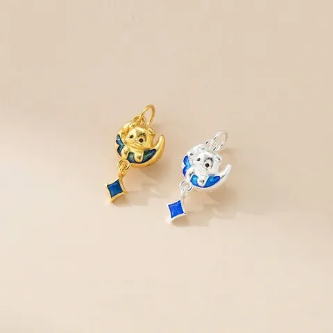 Colgante Solo de Plata de Ley 925 Cachorro Luna Estrella Goteo de Pegamento Esmalte Charm para Fabricación de Joyas Bricolaje Accesorio