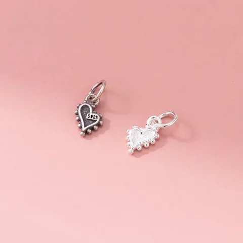 Pendentif Seul en Argent Sterling 925 Coeur Rétro Pièces de Création Bijoux Bordure Perlée Vintage Charm Coeur Fait Main Accessoires